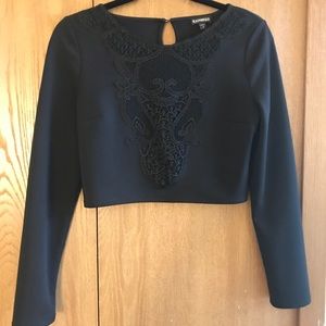 Express Long Sleeve Crop Top, Black Lace, Small